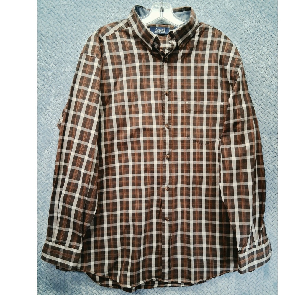 Roundtree & Yorke Casuals Mens XL Brown Plaid Button Down Shirt Long Sleeve